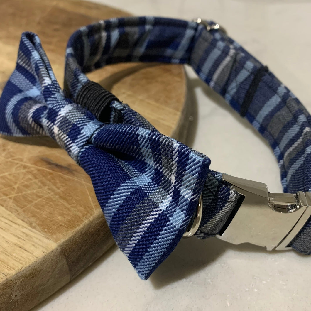 Blue Tartan Dog Collar With Bowtie